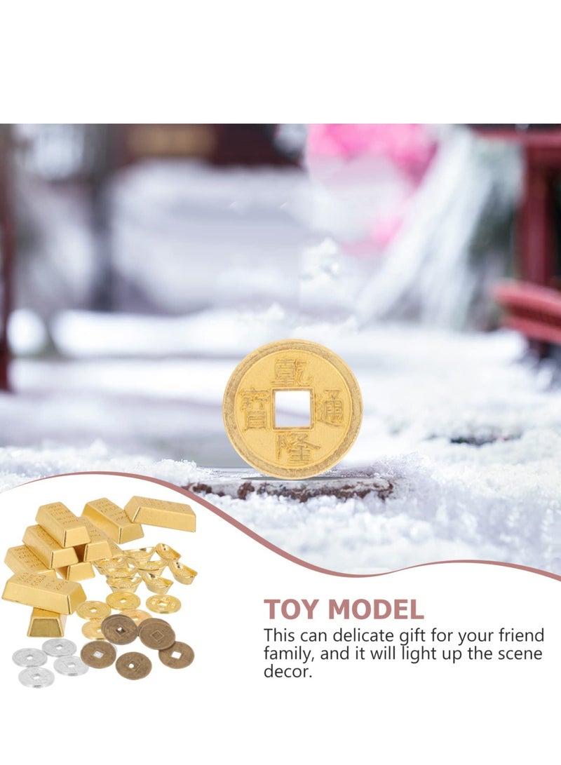 Excefore Miniature Gold Ingots, Copper Coins,Chinese Fortune Coin Feng Shui Wealth Luck Yuan Bao Dollhouse Pretend Play Decor Ornament,1 Set of 60 PCS - Image 2