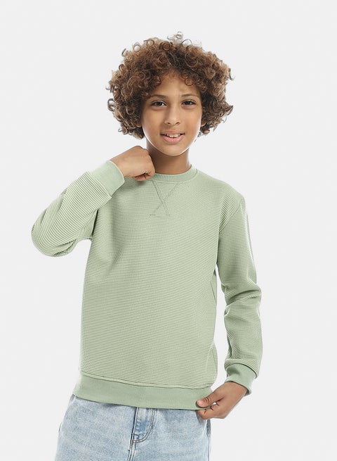 Round Collar Fleeced Self Patterened Plain Pullover - Light Green