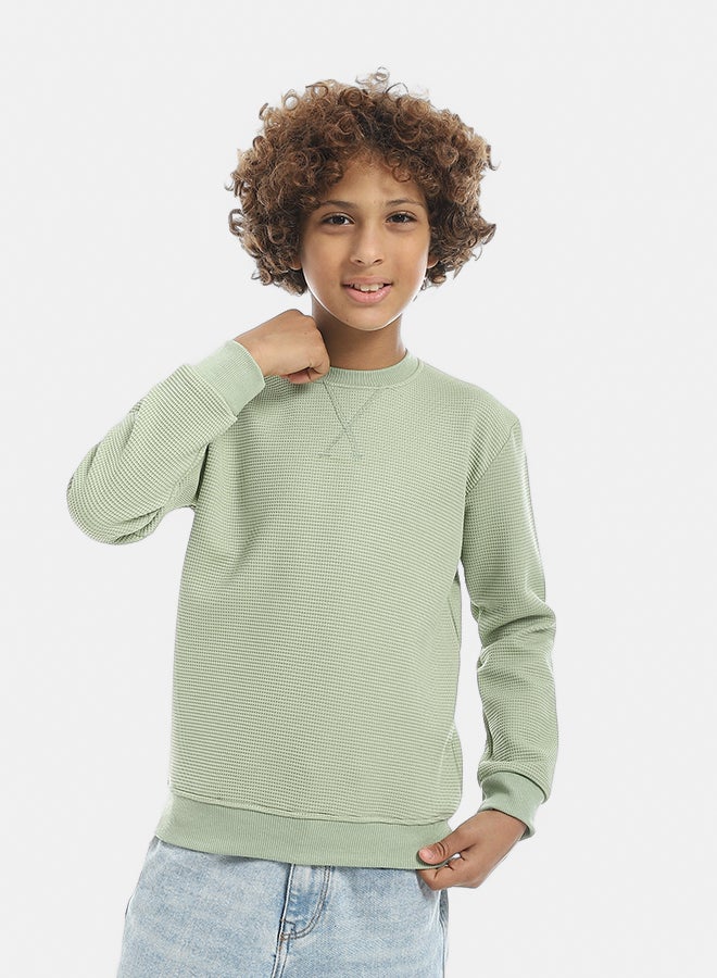 Andora Round Collar Fleeced Self Patterened Plain Pullover - Light Green - Image 1
