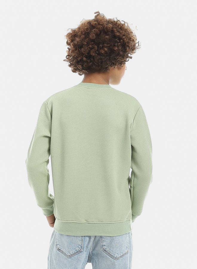 Andora Round Collar Fleeced Self Patterened Plain Pullover - Light Green - Image 3