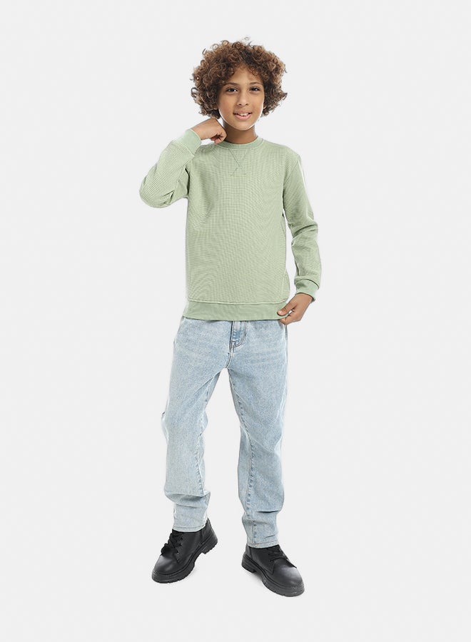 Andora Round Collar Fleeced Self Patterened Plain Pullover - Light Green - Image 5