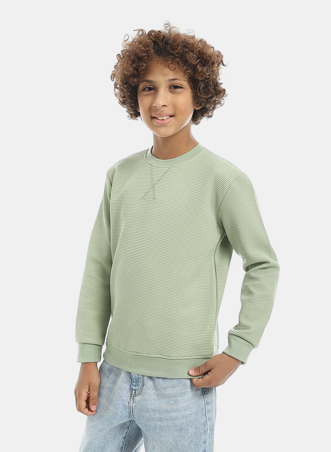 Andora Round Collar Fleeced Self Patterened Plain Pullover - Light Green - Image 2