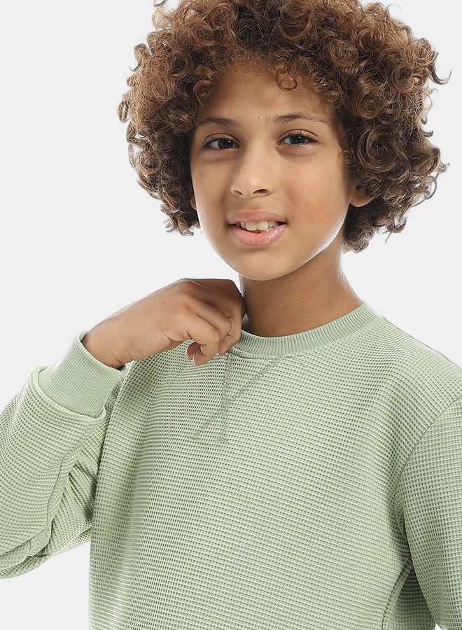 Andora Round Collar Fleeced Self Patterened Plain Pullover - Light Green - Image 4