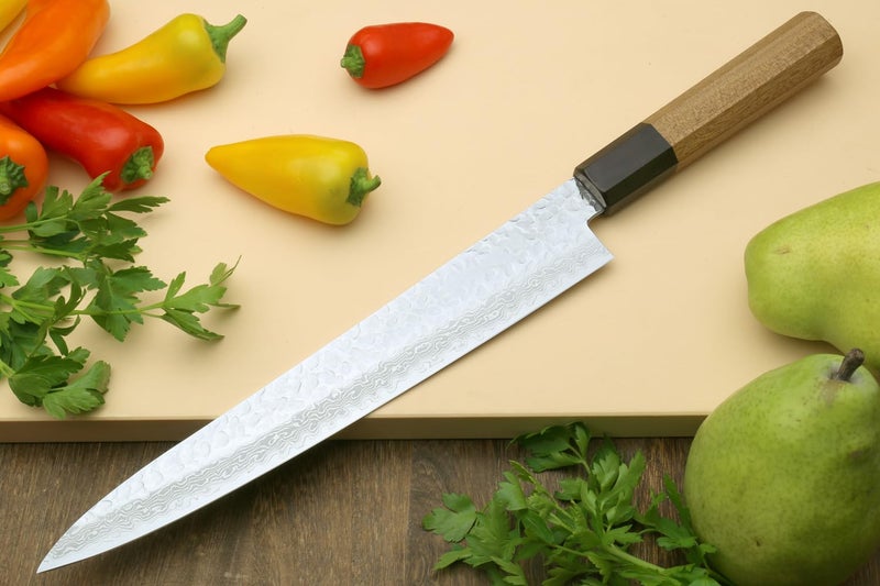 Yoshihiro VG10 46 Layers Hammered Damascus Sujihiki Japanese Slicer Knife (9.5" (240mm) Ambrosia Handle) - Image 3