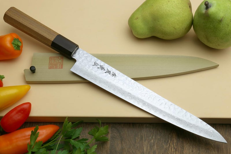 Yoshihiro VG10 46 Layers Hammered Damascus Sujihiki Japanese Slicer Knife (9.5" (240mm) Ambrosia Handle) - Image 2