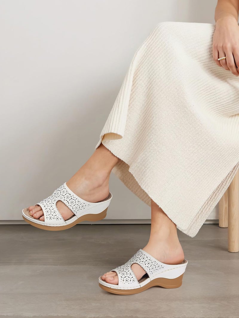 SHIBEVER Wedge Sandals for Women Dressy: White Summer Slip On Womens Size 8 - Slide Comfortable Wedges Platform Sandals - Image 3
