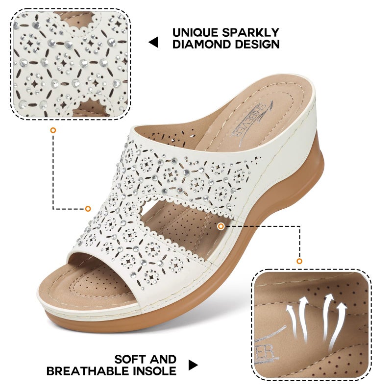 SHIBEVER Wedge Sandals for Women Dressy: White Summer Slip On Womens Size 8 - Slide Comfortable Wedges Platform Sandals - Image 5