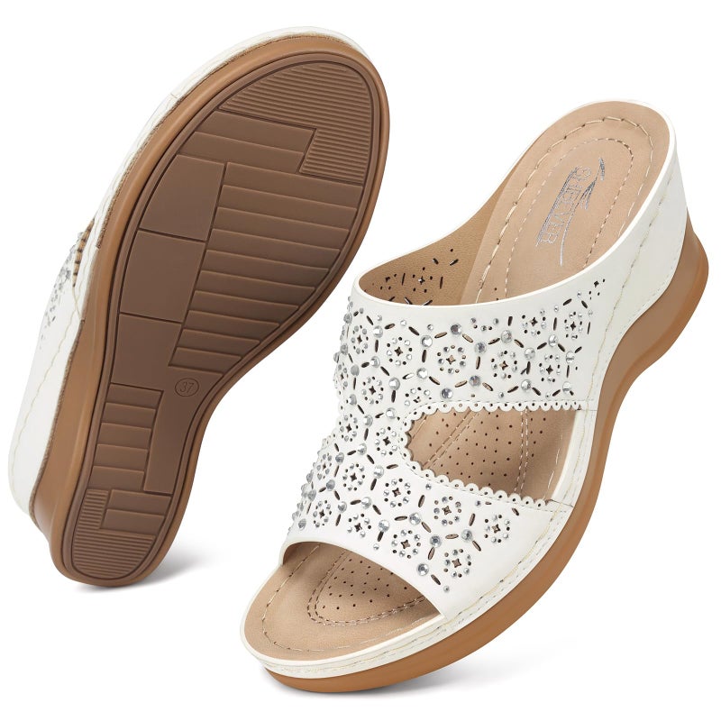 SHIBEVER Wedge Sandals for Women Dressy: White Summer Slip On Womens Size 8 - Slide Comfortable Wedges Platform Sandals - Image 4