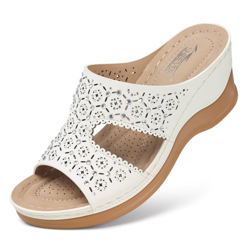SHIBEVER Wedge Sandals for Women Dressy: White Summer Slip On Womens Size 8 - Slide Comfortable Wedges Platform Sandals - Image 1