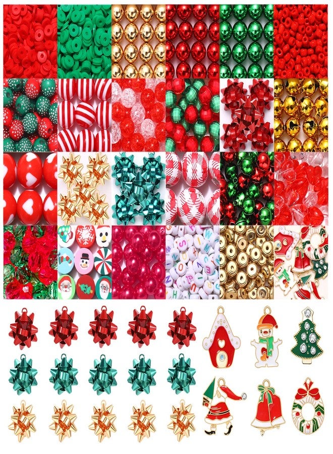 HSWE 2083PCS+ Christmas Beads Charms for Jewelry Making Red Green Gold Xmas Bow Jingle Bells Wooden Clay Beads Christmas Tree Santa Snowman Wreath Pendant for Holiday Party Necklace Bracelet DIY Supply - Image 1
