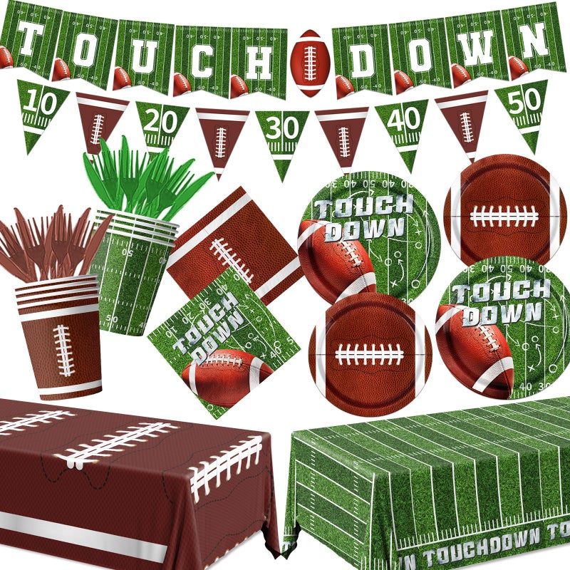 Dydamud Football Party Decorations, Football Plates Napkins Tablecloth Banner Touch Down Football Party Supplies Kit for Football Game Day Tailgate Party, Football Birthday Party Decorations, Serve 25 - Image 1