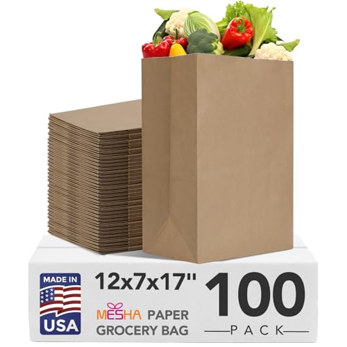 MESHA Paper Grocery Bags 12 x 7 x 17 Inches 100Pcs Bulk, Heavy Duty 60 Lbs Kraft Brown Paper Bag, Large Grocery Kraft Sacks -Takeout, Restaurant, Retail, Shopping - Image 1