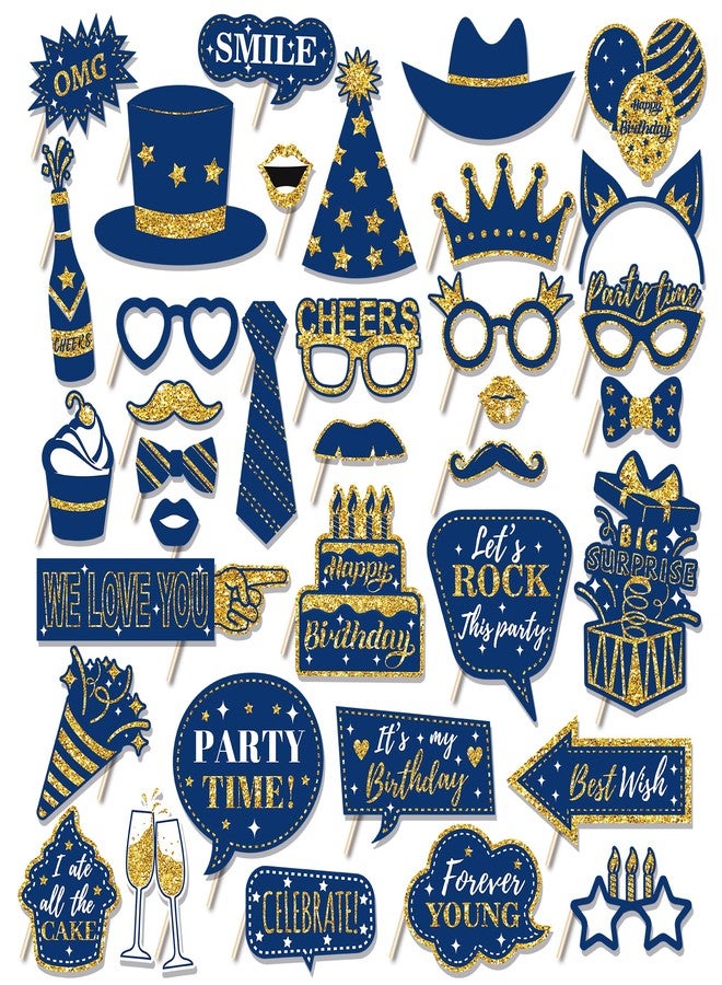 CC HOME 36Pcs Blue Happy Birthday Photo Booth Props, Glitter Birthday Party Decorations, Letter Print Card Material, Perfect for Forever Young Cheers Party Time - Image 2