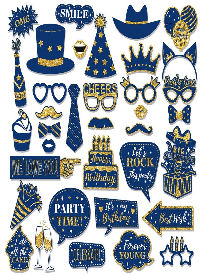 CC HOME 36Pcs Blue Happy Birthday Photo Booth Props, Glitter Birthday Party Decorations, Letter Print Card Material, Perfect for Forever Young Cheers Party Time - Image 1