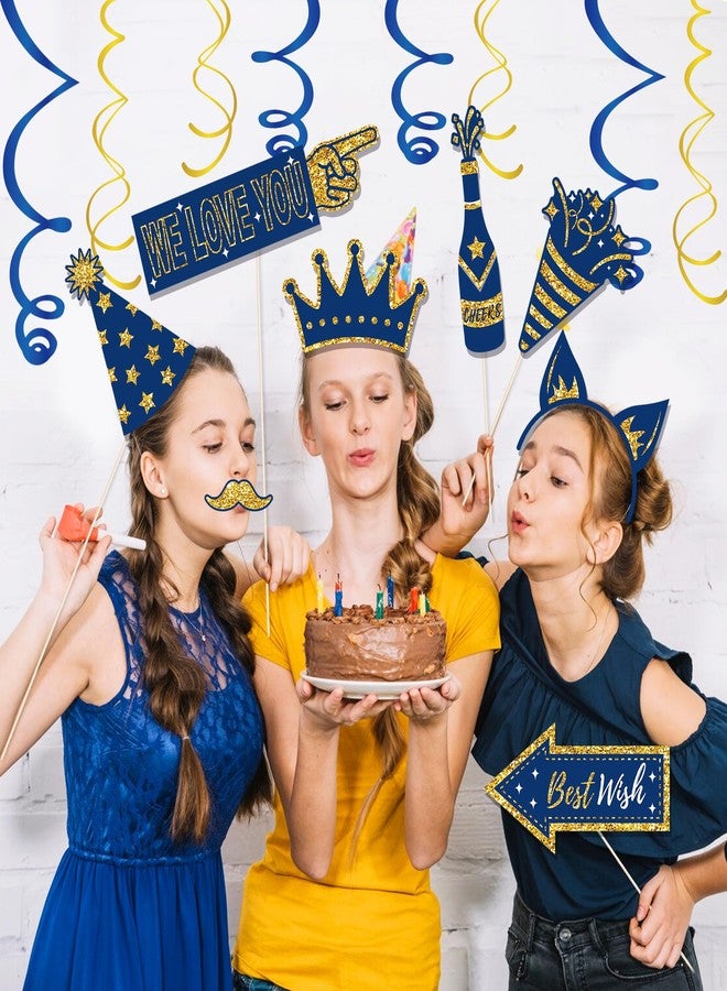 CC HOME 36Pcs Blue Happy Birthday Photo Booth Props, Glitter Birthday Party Decorations, Letter Print Card Material, Perfect for Forever Young Cheers Party Time - Image 5