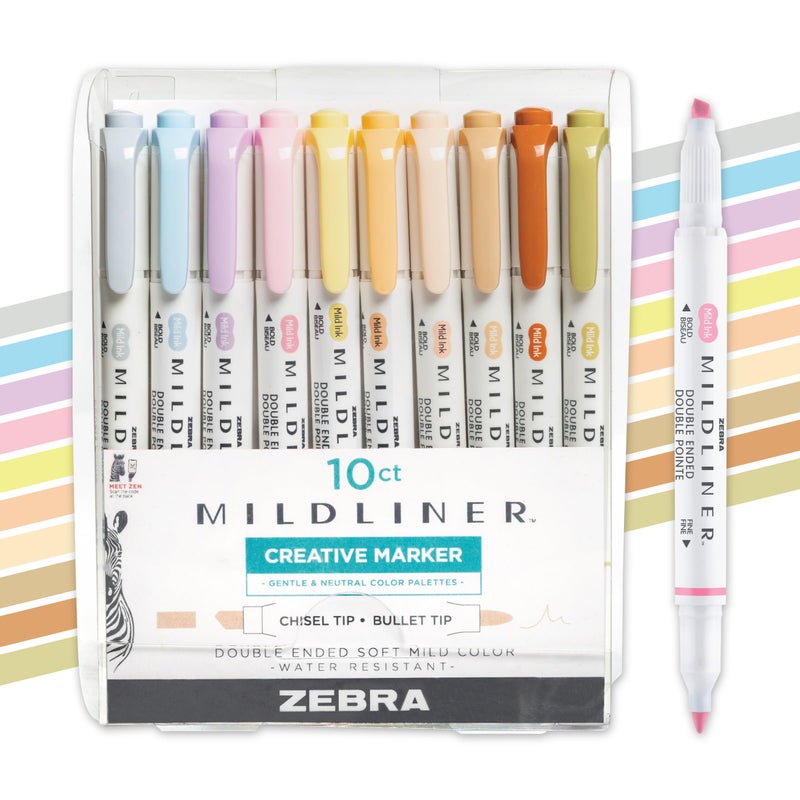Zebra Pen Mildliner Dual-Tip Highlighter Marker Set, Broad and Fine Point Tips, No Bleed, Ideal for Bible Highlighting & Giftable Art Supplies, Assorted Neutral and Gentle Ink Colors, 10-Pack (78701) - Image 1