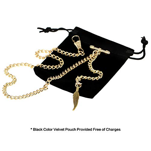 TREEWETO Men's Albert Chain Pocket Watch Curb Link Key Chain 2 Hooks with Antique Gold Leaf Pendant Design Charm Fob T Bar - Image 2