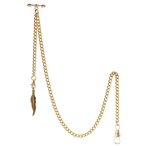 TREEWETO Men's Albert Chain Pocket Watch Curb Link Key Chain 2 Hooks with Antique Gold Leaf Pendant Design Charm Fob T Bar - Image 1