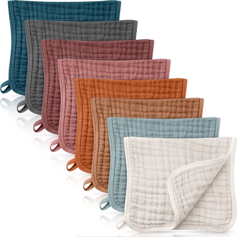 Remagr 8 Packs Muslin Burp Cloths 6 Layers Unisex Baby Items Absorbent Burp Rags Colorful Muslin Washcloths for Baby Plain Soft Cotton Cloth for Babies Girls Boys 10 x 20 Inch Vintage Colors