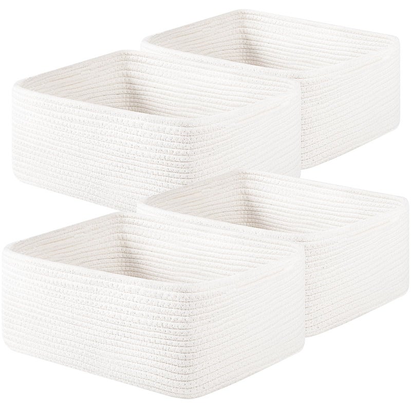 OIAHOMY 4 Pack 14.17 * 11.02 * 6.3IN Storage Baskets for Organizing Shelves, Woven Rope Baskets for Organizing Books, Clothes, Decorative Basket for Living Room, Nursery, Bedroom, Gift Basket, White - Image 1