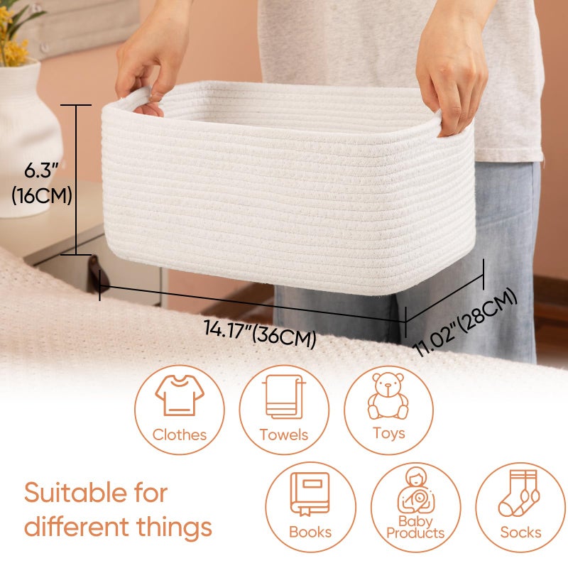 OIAHOMY 4 Pack 14.17 * 11.02 * 6.3IN Storage Baskets for Organizing Shelves, Woven Rope Baskets for Organizing Books, Clothes, Decorative Basket for Living Room, Nursery, Bedroom, Gift Basket, White - Image 2