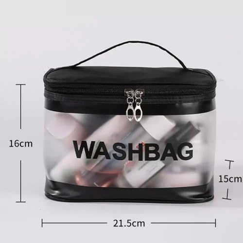 Gowloz Transparent and PU Waterproof Cosmetic Wash Bag (Black, Square Shape) – Travel Toiletry Organizer Pouch with Zipper & Handle for Makeup & Skincare (21.5W x 15B x 16H cm, Pack of 1) - Image 5