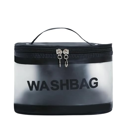 Gowloz Transparent and PU Waterproof Cosmetic Wash Bag (Black, Square Shape) – Travel Toiletry Organizer Pouch with Zipper & Handle for Makeup & Skincare (21.5W x 15B x 16H cm, Pack of 1) - Image 1