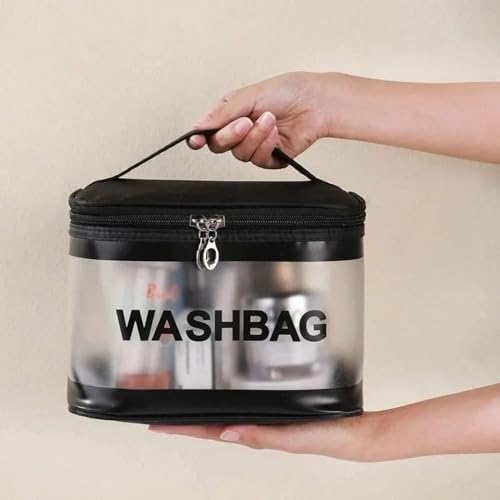 Gowloz Transparent and PU Waterproof Cosmetic Wash Bag (Black, Square Shape) – Travel Toiletry Organizer Pouch with Zipper & Handle for Makeup & Skincare (21.5W x 15B x 16H cm, Pack of 1) - Image 4