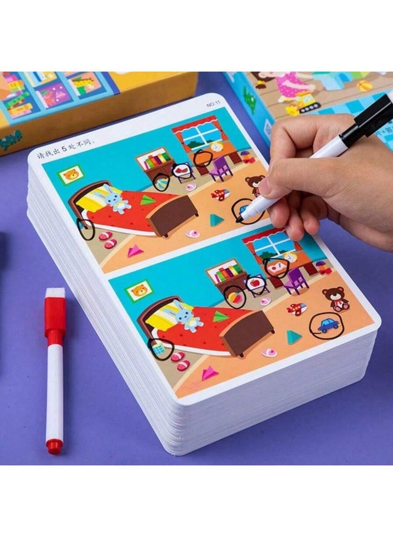 Montessori Spot the Difference Educational Activity Book – 32 Pages Reusable Erasable Puzzle Game | Focus & Observation Training, Left & Right Brain Development, Logical Thinking Practice | Multicolor Learning Cards for Kids | Perfect Holiday Gift - Image 1