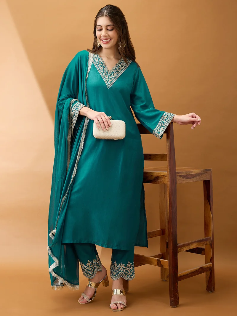 globus Globus Women Teal Sequinned Zari Embroidered V-Neck Bell Sleeves Kurta With Pant & Dupatta Festive Set