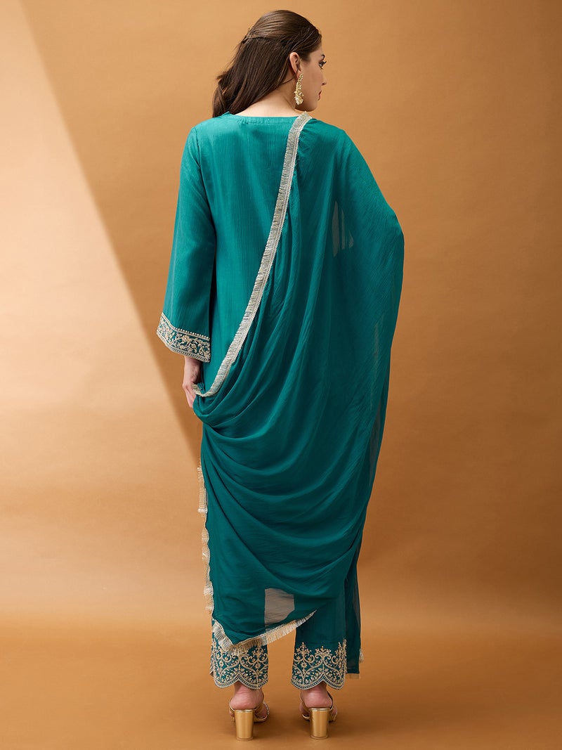 globus Globus Women Teal Sequinned Zari Embroidered V-Neck Bell Sleeves Kurta With Pant & Dupatta Festive Set  - Image 3