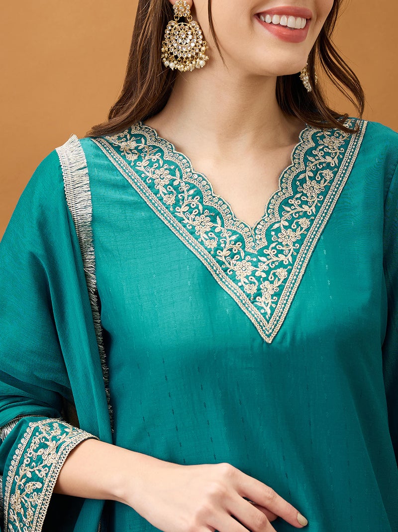globus Globus Women Teal Sequinned Zari Embroidered V-Neck Bell Sleeves Kurta With Pant & Dupatta Festive Set  - Image 4