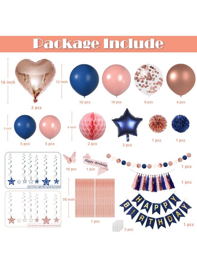 Janinus Navy Blue Rose Gold Balloons Set for Women Birthday Decorations of Balloons Kits, Happy Birthday Banner, 3D Butterfly Dots Garland, Paper Flower Poms for Women's 21st, 30th, 40th, 50th, 60th Birthday - Image 2