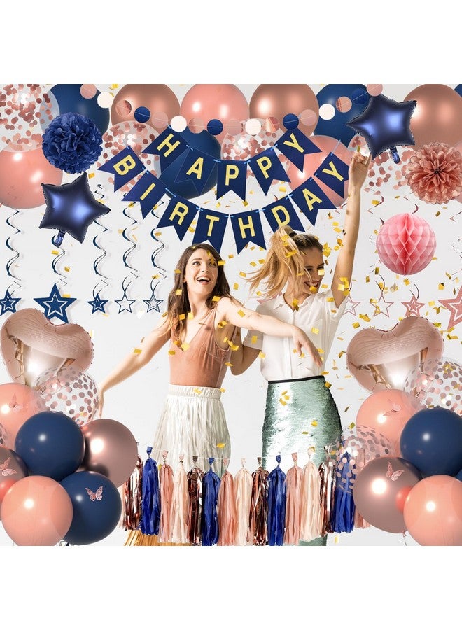 Janinus Navy Blue Rose Gold Balloons Set for Women Birthday Decorations of Balloons Kits, Happy Birthday Banner, 3D Butterfly Dots Garland, Paper Flower Poms for Women's 21st, 30th, 40th, 50th, 60th Birthday - Image 5