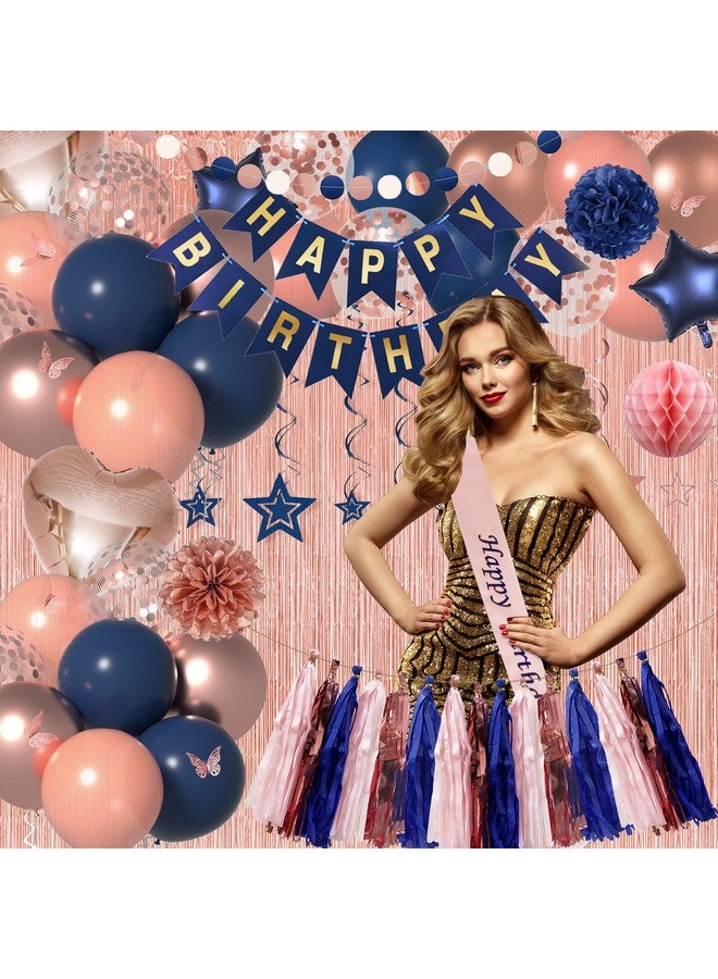 Janinus Navy Blue Rose Gold Balloons Set for Women Birthday Decorations of Balloons Kits, Happy Birthday Banner, 3D Butterfly Dots Garland, Paper Flower Poms for Women's 21st, 30th, 40th, 50th, 60th Birthday - Image 4