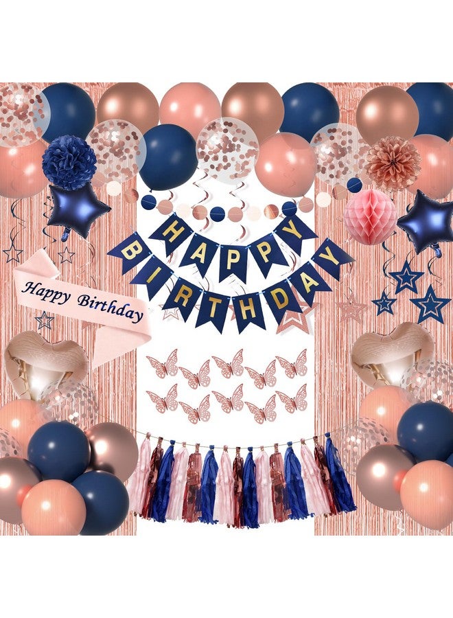 Janinus Navy Blue Rose Gold Balloons Set for Women Birthday Decorations of Balloons Kits, Happy Birthday Banner, 3D Butterfly Dots Garland, Paper Flower Poms for Women's 21st, 30th, 40th, 50th, 60th Birthday - Image 1