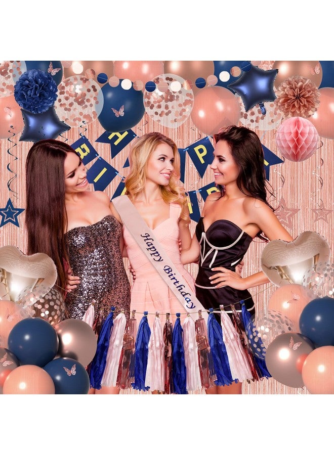 Janinus Navy Blue Rose Gold Balloons Set for Women Birthday Decorations of Balloons Kits, Happy Birthday Banner, 3D Butterfly Dots Garland, Paper Flower Poms for Women's 21st, 30th, 40th, 50th, 60th Birthday - Image 3