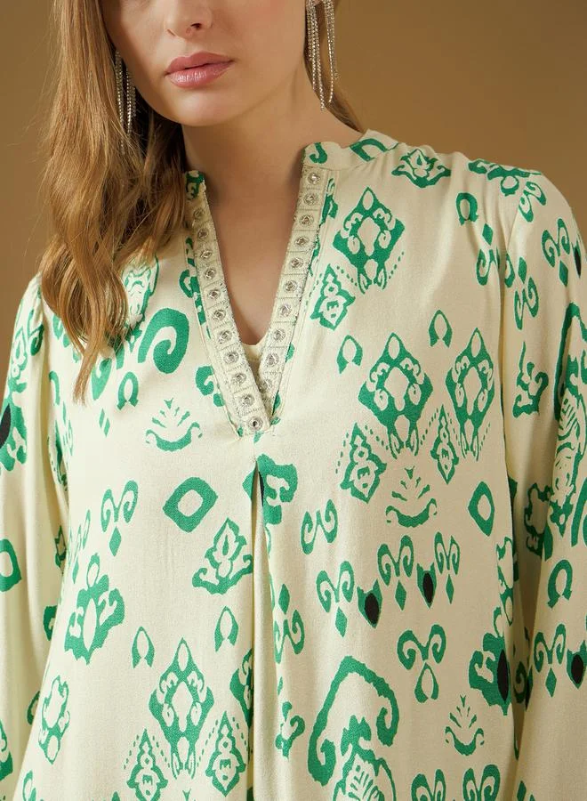 ستايلي Printed V-Neck Lace Trim A-Line Jalabyia