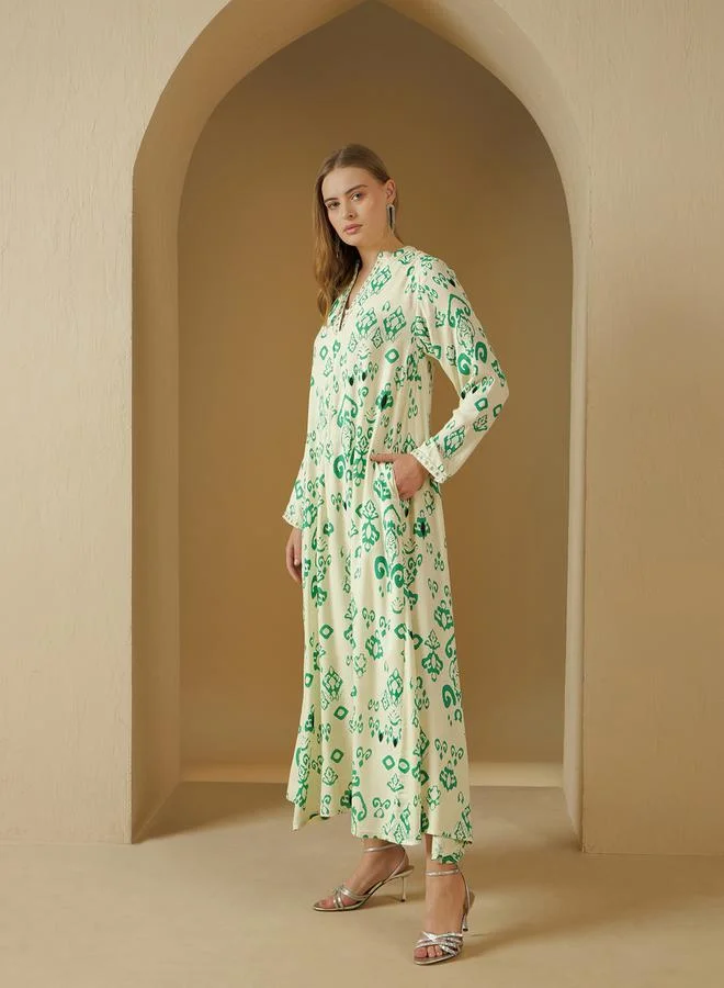 ستايلي Printed V-Neck Lace Trim A-Line Jalabyia