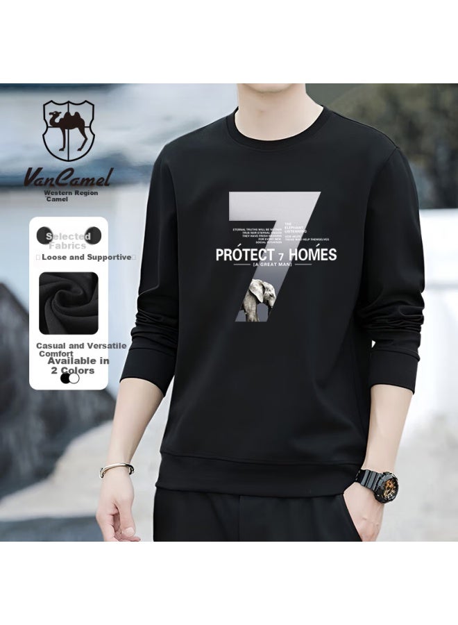 Vancamel Sweatshirt For Men, Round Neck, Autumn Long Sleeve T-shirt, Trendy Student Loose Casual Undershirt, Black S 4XL - Image 1