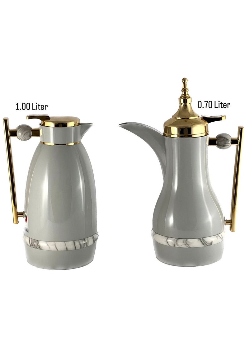 Homemaker 2-Piece Tea & Coffee Flask - 0.7 Liter & 1 Liter Capacity - Glass Inner - ABS Body - Light Grey & Gold  - Image 3