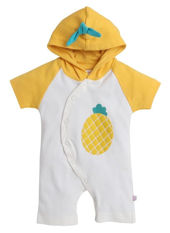 BUMZEE White & Yellow Boys Half Sleeves Thigh Length Hooded Romper Age - 9-12 Months - Image 1