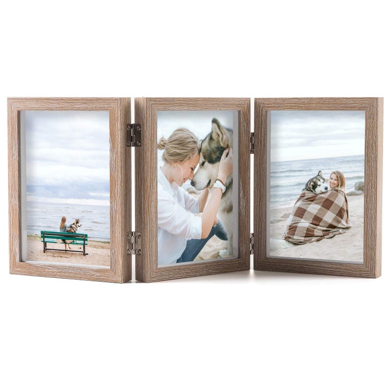 AEVETE Triple 5x7 Picture Frames Hinged Wood 3 Opening Frame Vertically Display with Glass Front
