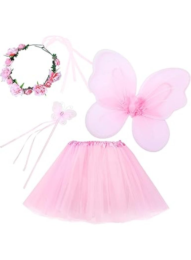 Fairy Princess Costume Set for Girls, Includes Garland, Butterfly Wings, Tutu Skirt & Wand, Suitable for Birthday & Party Dress Up (Pink, Ages 2-12)