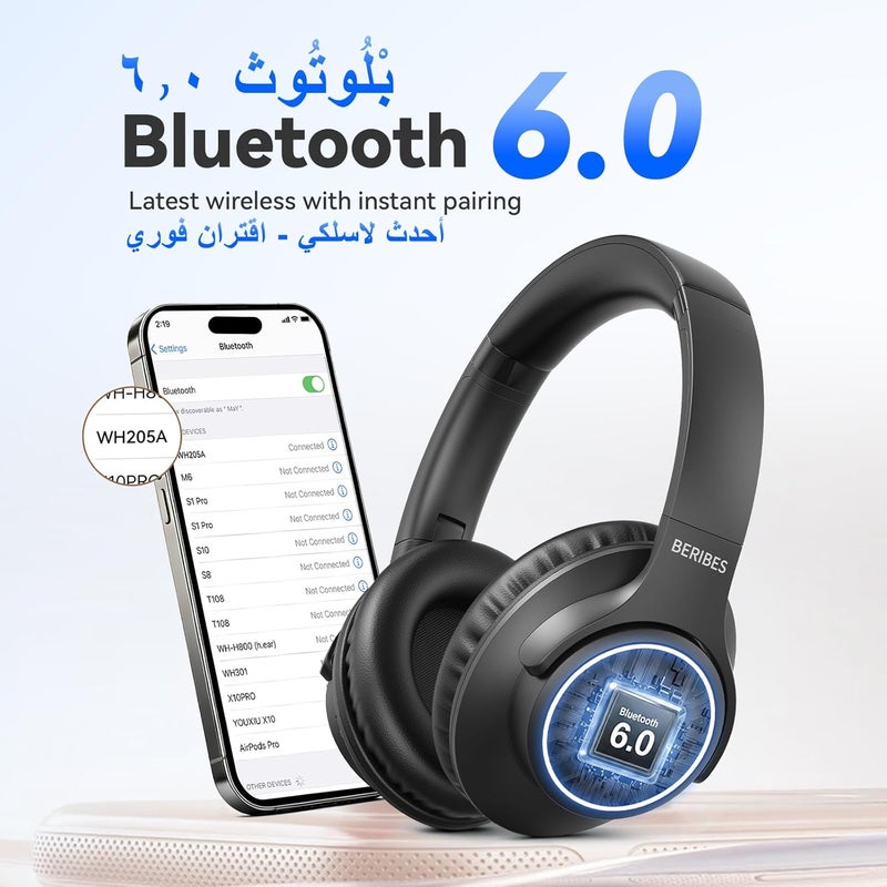 BERIBES Standard fit Wireless Headphones Over-Ear, 65H Playtime Foldable Headset with Microphone, Bluetooth 6.0, Deep Bass Stereo Sound, Soft Protein Earpads for Travel Work Phone PC, Black Global flexible sizing options - Image 5