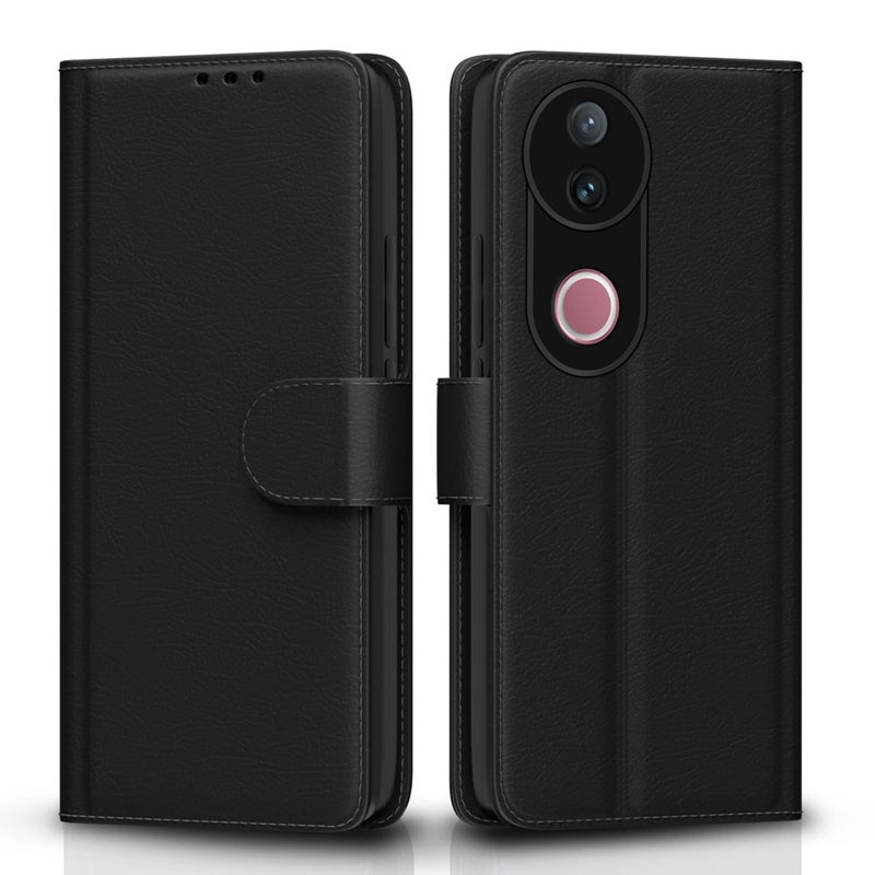Pikkme Flip Cover for iQOO Z10R 5G / Vivo V50 5G / V50e 5G / Vivo T4R 5G Leather Finish | Inside TPU with Card Pockets | Wallet Stand and Shock Proof | Complete Protection Flip Case(Black) - Image 1