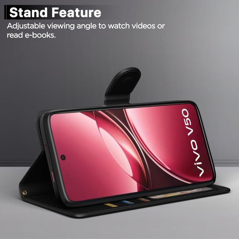 Pikkme Flip Cover for iQOO Z10R 5G / Vivo V50 5G / V50e 5G / Vivo T4R 5G Leather Finish | Inside TPU with Card Pockets | Wallet Stand and Shock Proof | Complete Protection Flip Case(Black) - Image 3