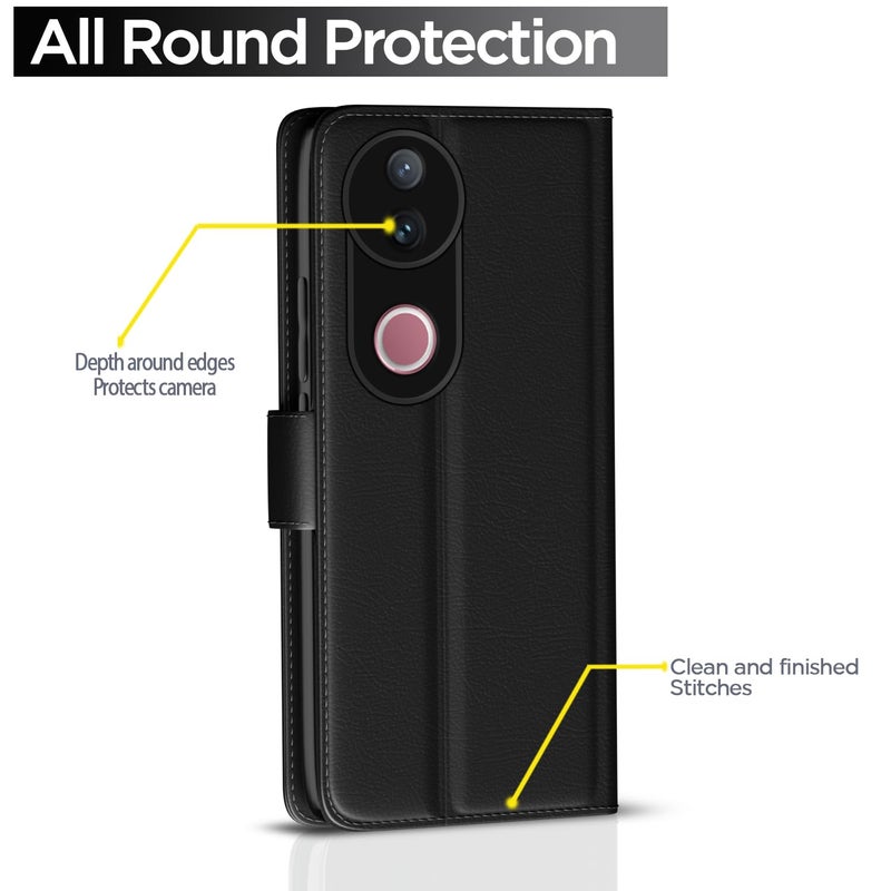 Pikkme Flip Cover for iQOO Z10R 5G / Vivo V50 5G / V50e 5G / Vivo T4R 5G Leather Finish | Inside TPU with Card Pockets | Wallet Stand and Shock Proof | Complete Protection Flip Case(Black) - Image 4