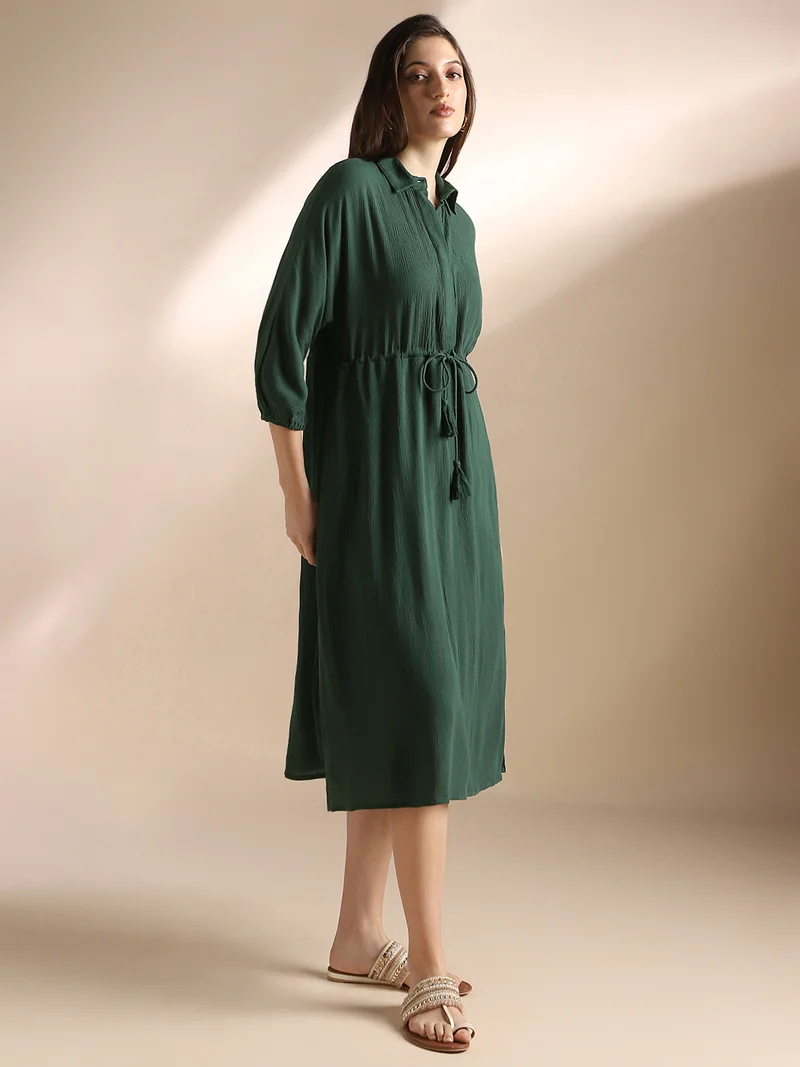 globus Globus Women Green Self Design Collared Neck Waist Tie-Ups Shirt Style Fit & Flare Midi Workwear Dress