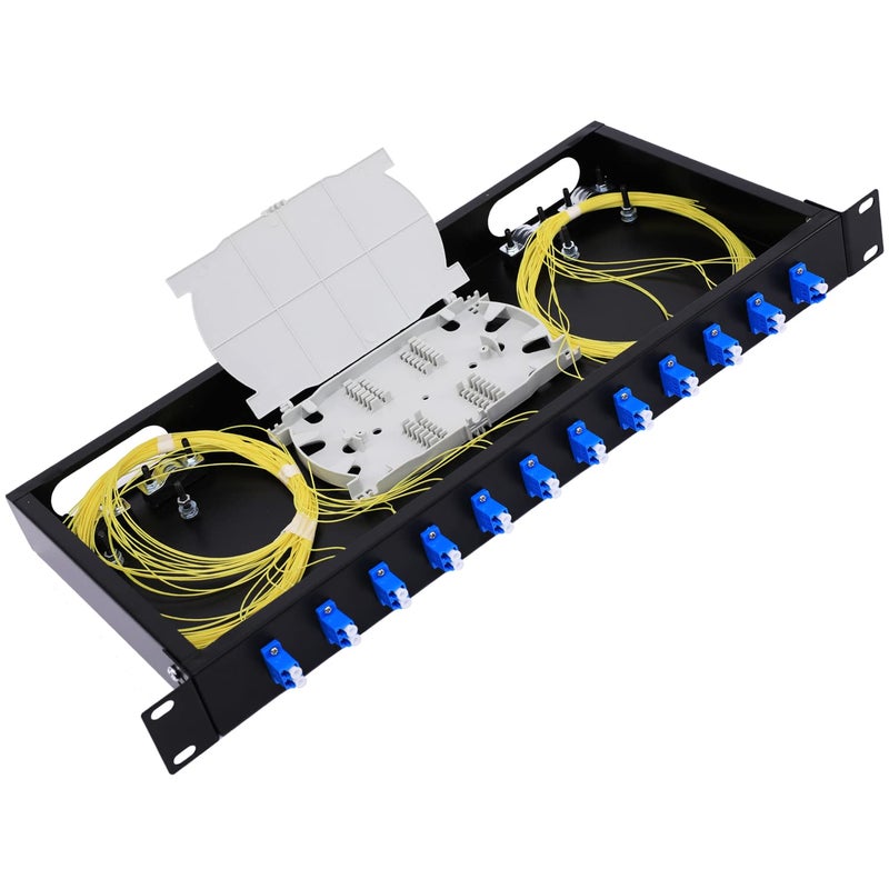 GESD 12 Duplex 24 Port LCOS1 Rack Mount Enclosure Box Splice Trays Fiber Cables Spool SingleMode LCUPC Kit Include 1M 24Strand Pigtail24 Core LGX Loaded Patch Panel Fits 19 Racks Cabinet